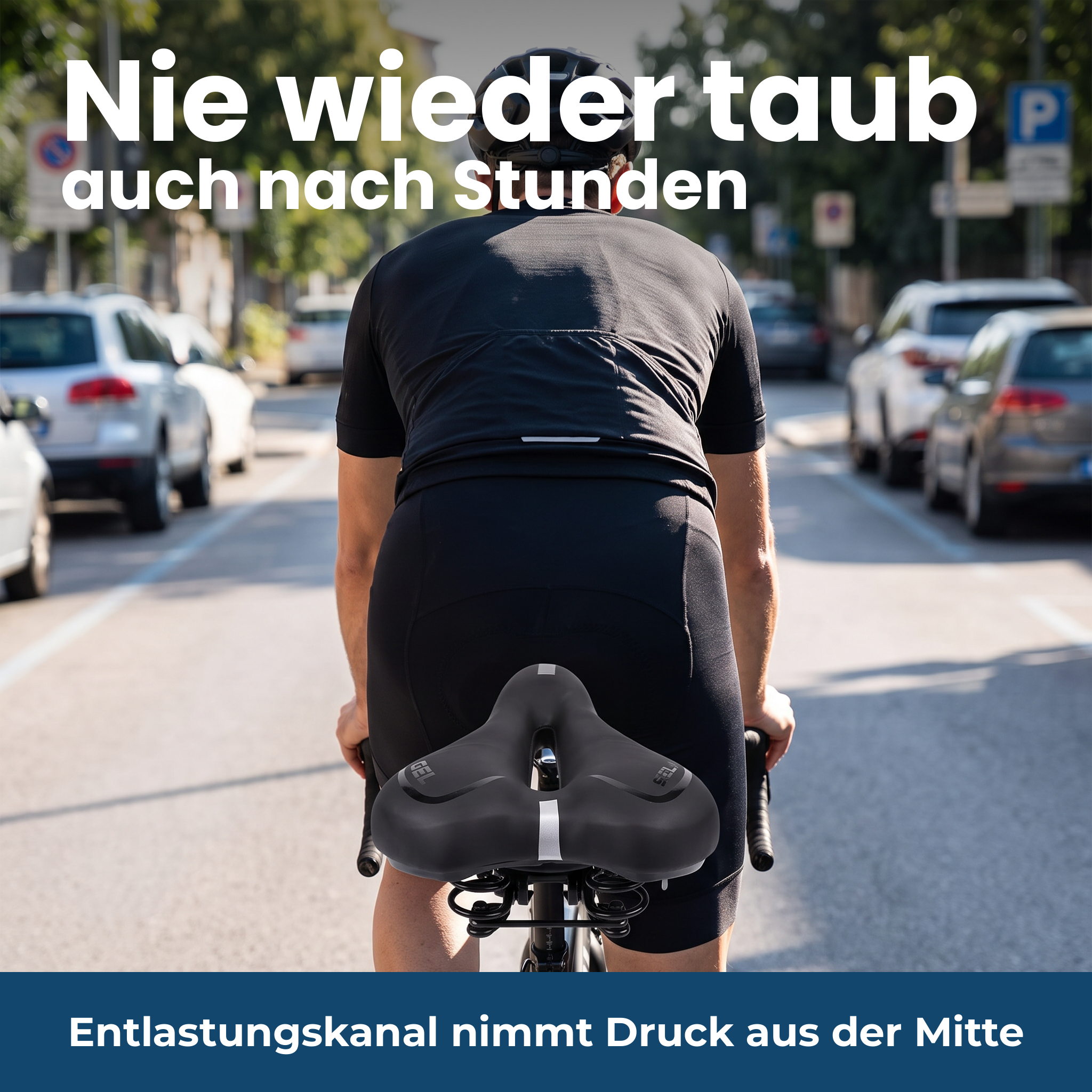 Sportlicher Fahrer auf dem Rennrad – der Entlastungskanal nimmt den Druck aus der Mitte