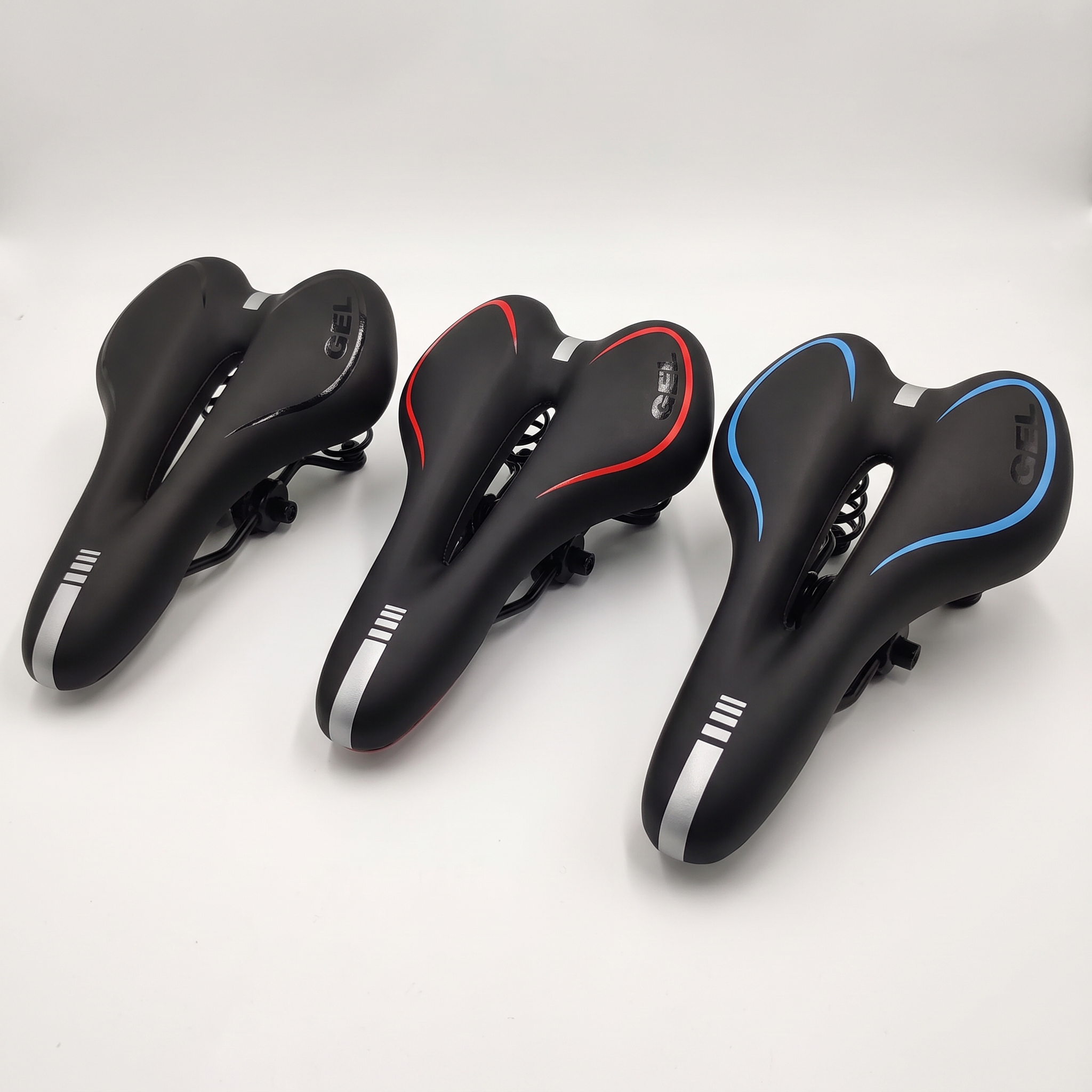 Fahrradsattel Speed Gel Men in Nachtschwarz, Sommerrot und Himmelblau
