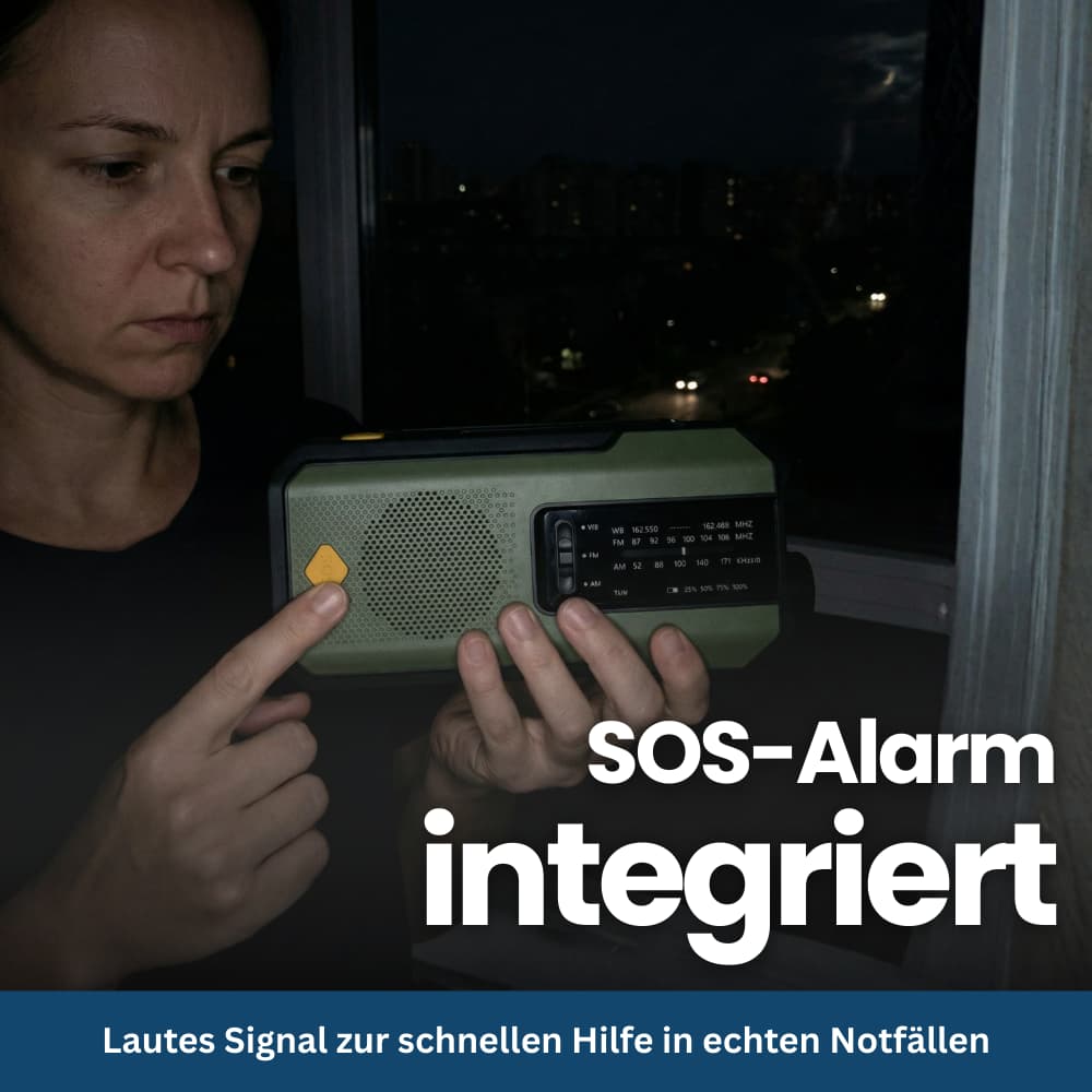 Compact Emergency Radio with Solar, Hand Crank & SOS Function