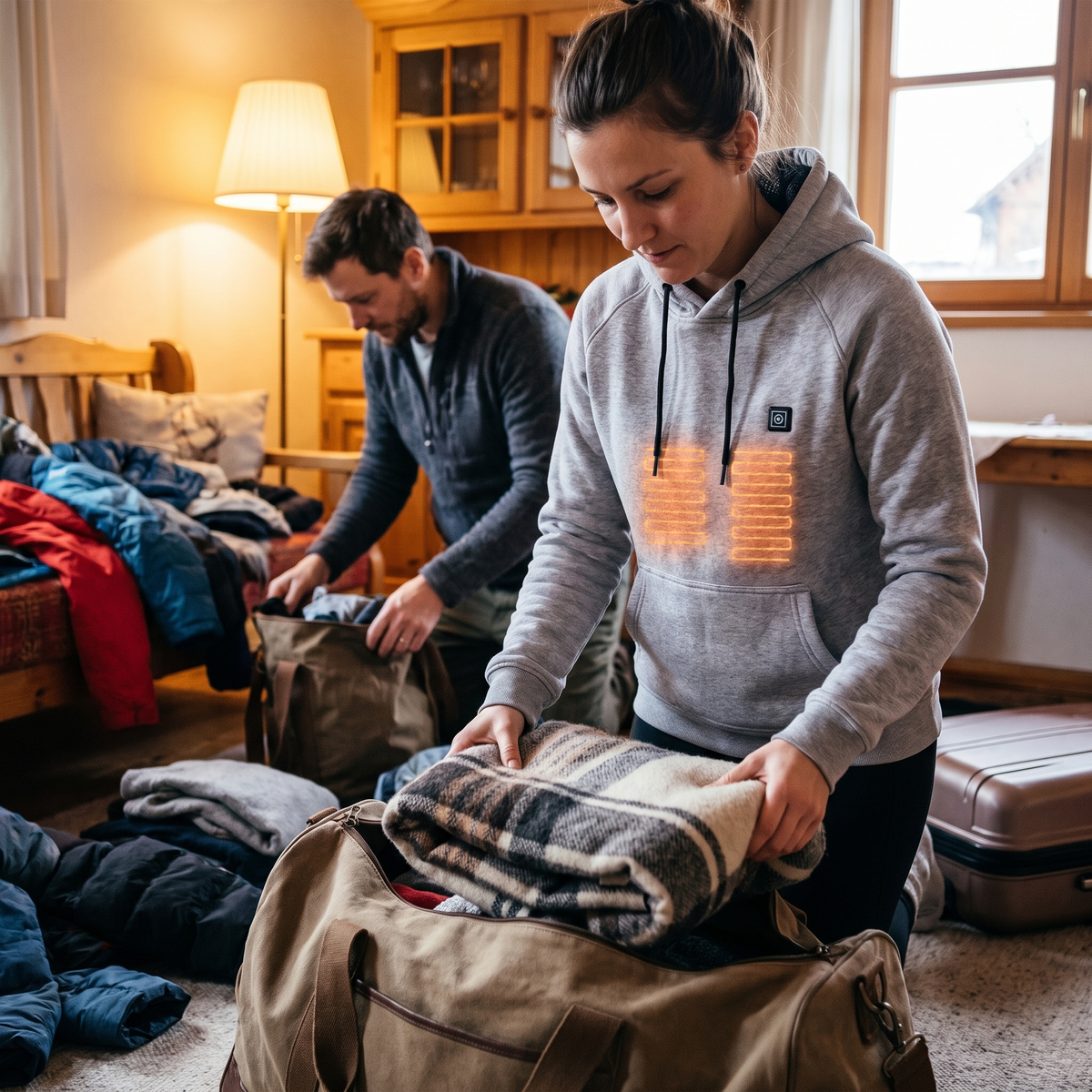 CozyHeat hoodie with two front heating zones above the kangaroo pocket while packing for a trip