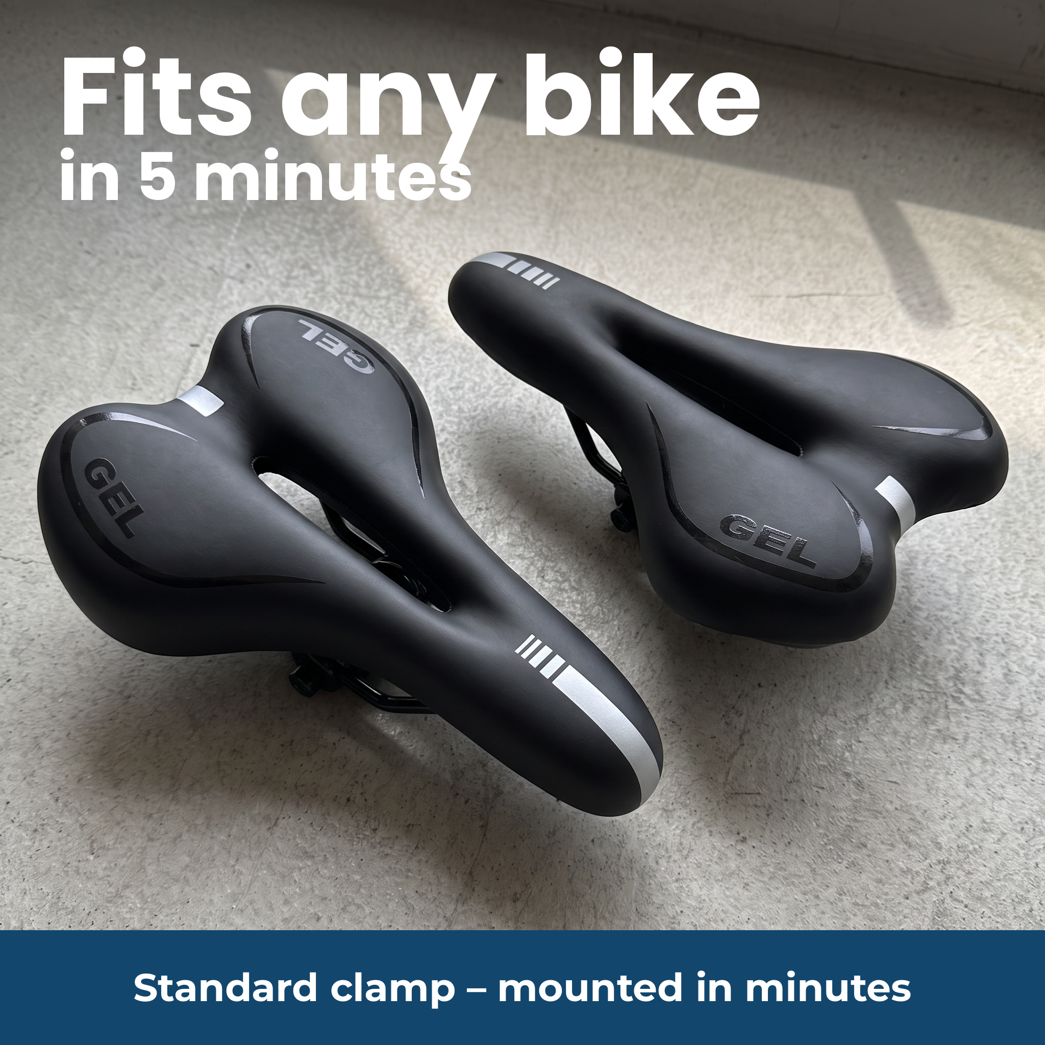 Standard rail clamp fits any bike, mounted in minutes