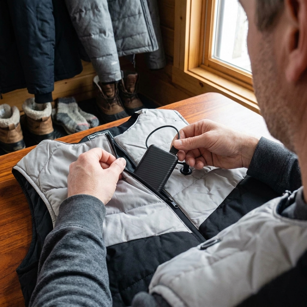 [en] ThermoCore Pro powerbank cable connected to vest lining socket