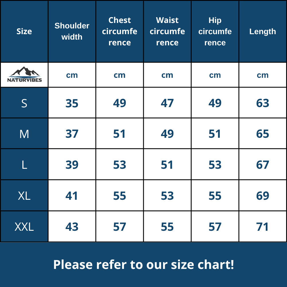 ThermoCore Pro size chart in centimetres